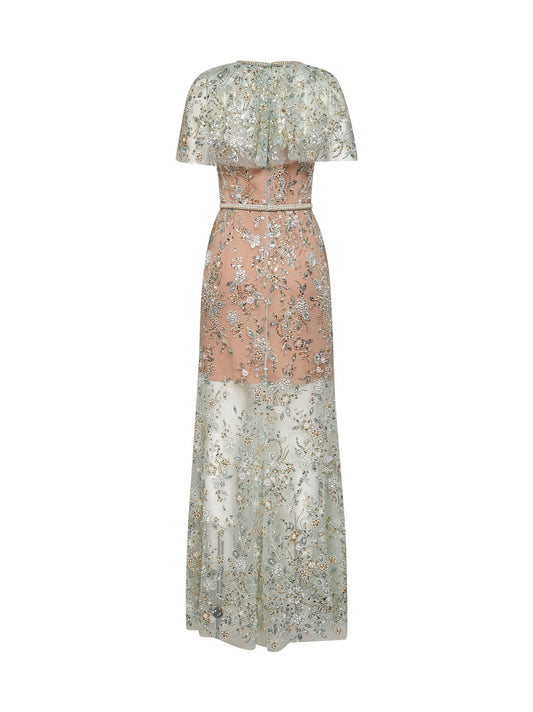 Mint embroidered tulle cape maxi dress