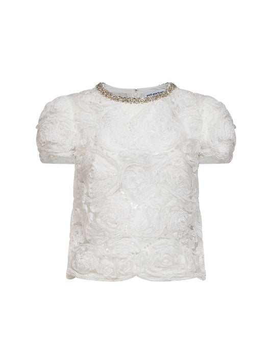 White sequin tulle and lace top