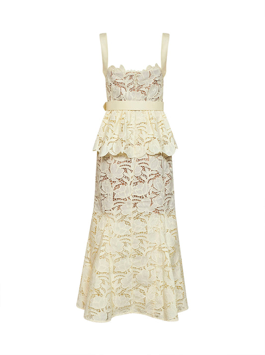 Yellow macramé lace belted peplum midi dress