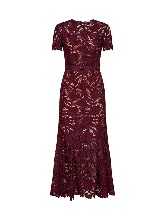 Burgundy macramé lace belted midi dress