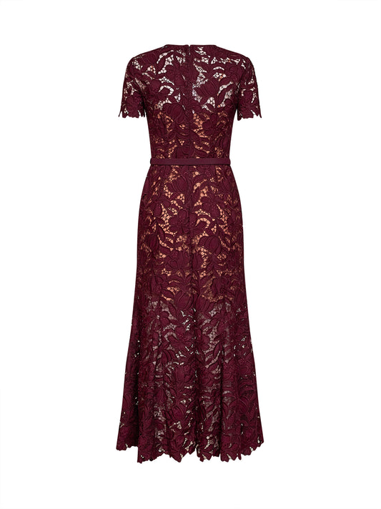 Burgundy macramé lace belted midi dress