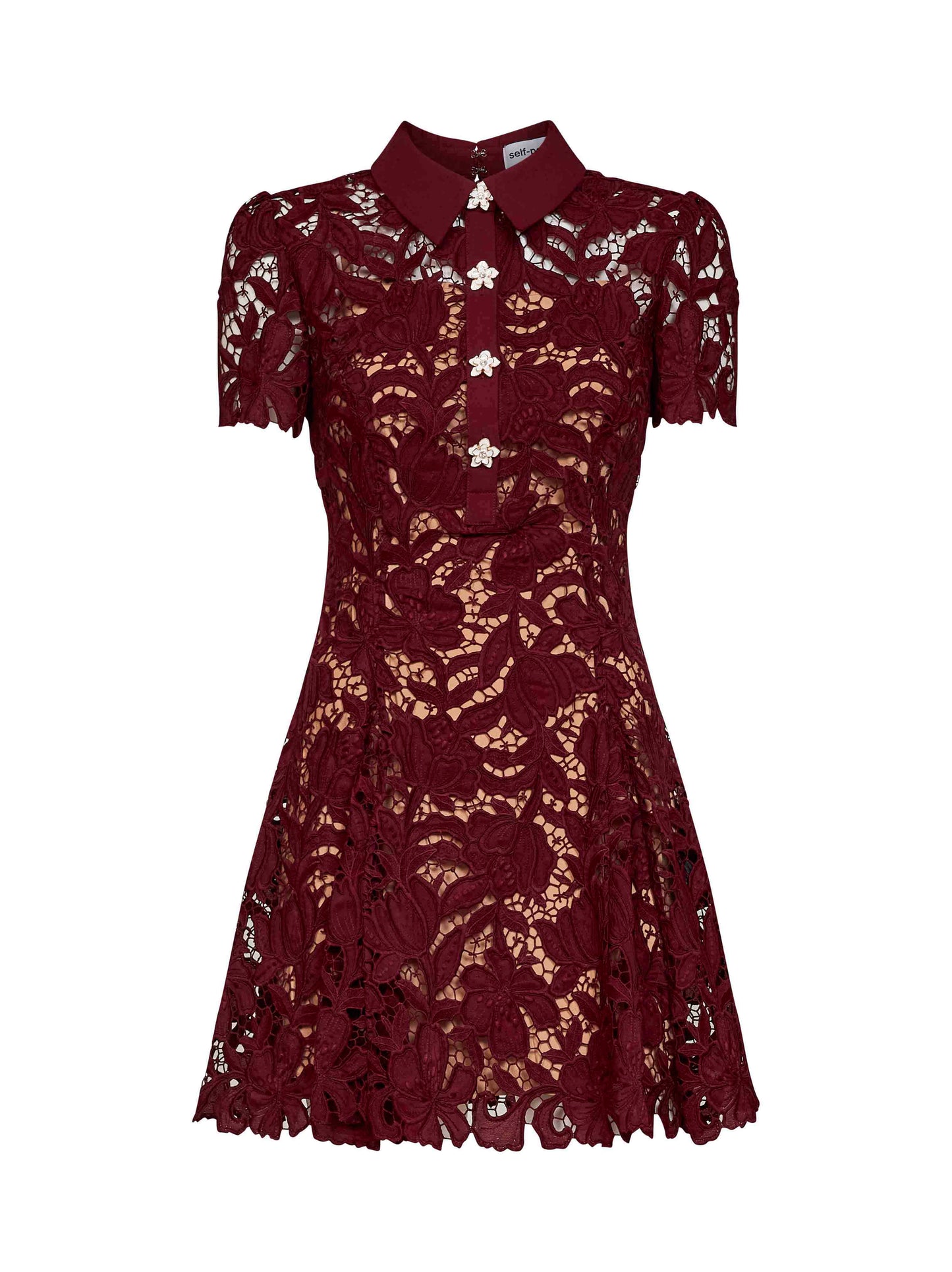 Miniabito svasato in pizzo macramè bordeaux