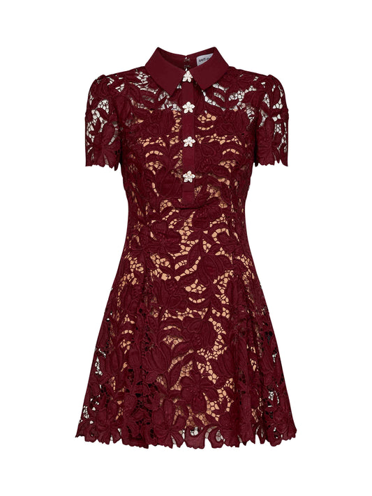 Burgundy macramé lace flared mini dress