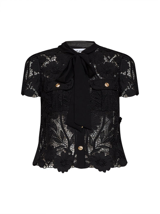 Black macramé lace top with tie neck