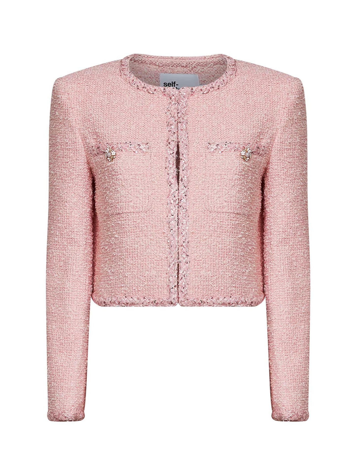 Pink bouclé jacket with braided trimmings