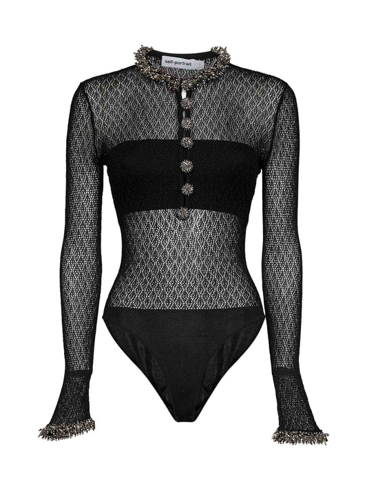 Black pointelle knit embellished bodysuit
