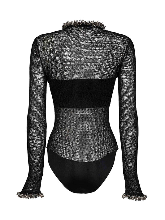 Black pointelle knit embellished bodysuit