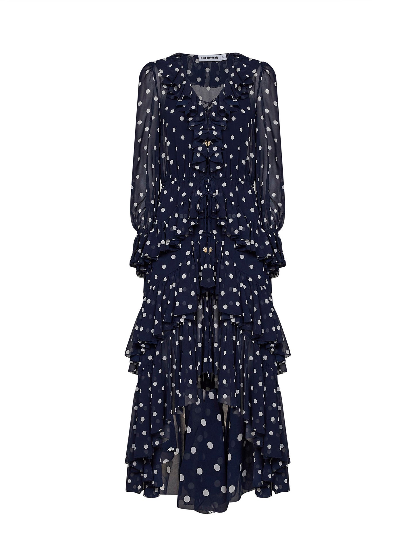 Navy blue polka dot georgette ruffled maxi dress