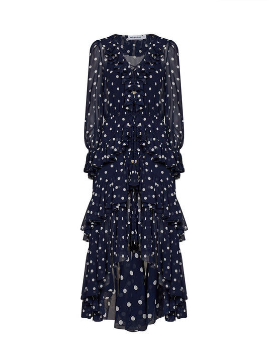 Navy blue polka dot georgette ruffled maxi dress