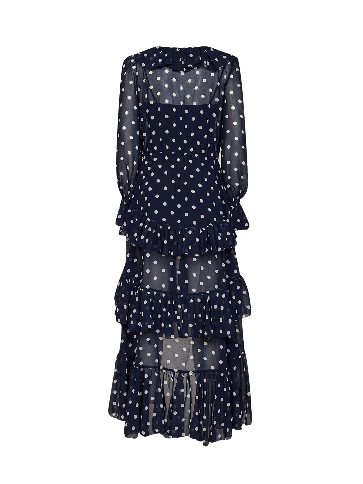 Navy blue polka dot georgette ruffled maxi dress