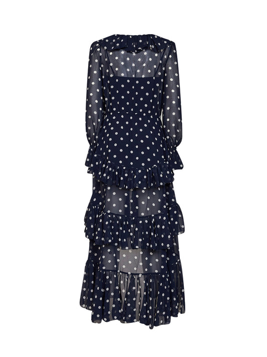 Navy blue polka dot georgette ruffled maxi dress