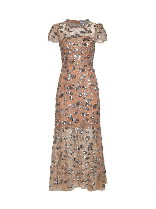Silver sequin-embellished tulle midi dress