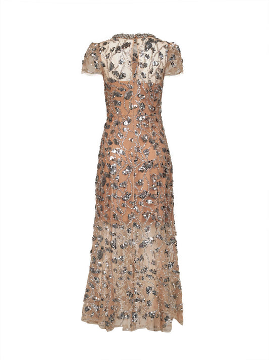 Silver sequin-embellished tulle midi dress