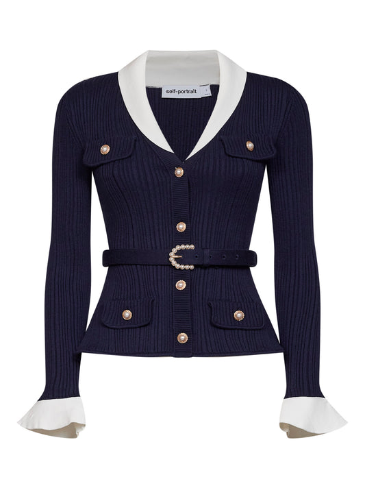 Navy blue ribbed knit belted cardigan