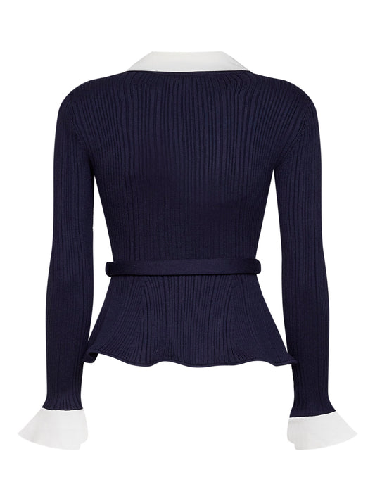 Navy blue ribbed knit belted cardigan
