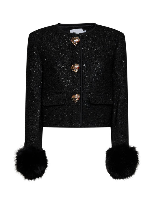 Black metallic bouclé jacket with faux-fur cuffs