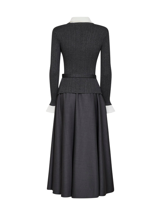 Grey knit and twill belted midi dress