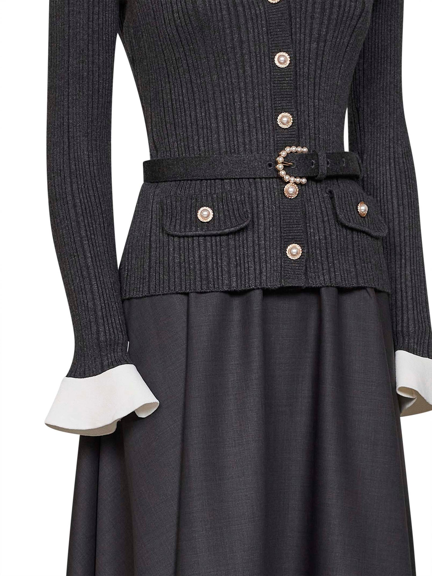 Abito midi con cintura in maglia e twill grigio