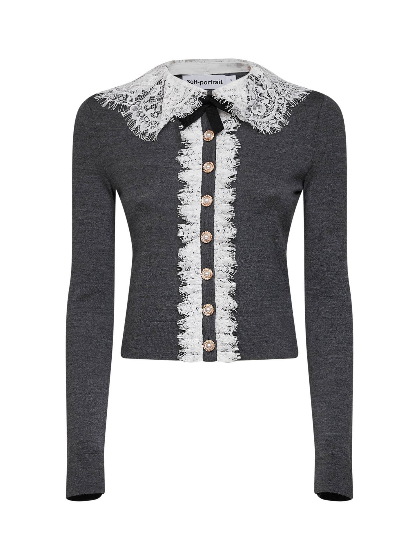 Cardigan in maglia di lana grigia colletto in pizzo<BR/>