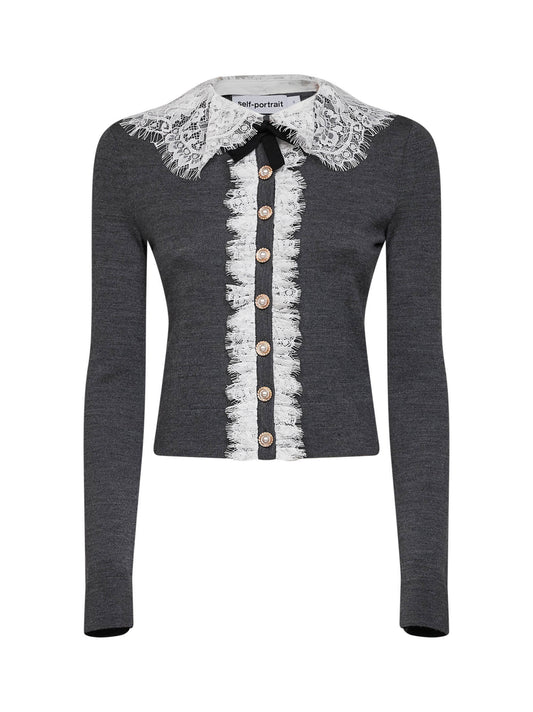 Grey wool knit cardigan with lace collar