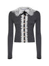 Cardigan in maglia di lana grigia colletto in pizzo<BR/>
