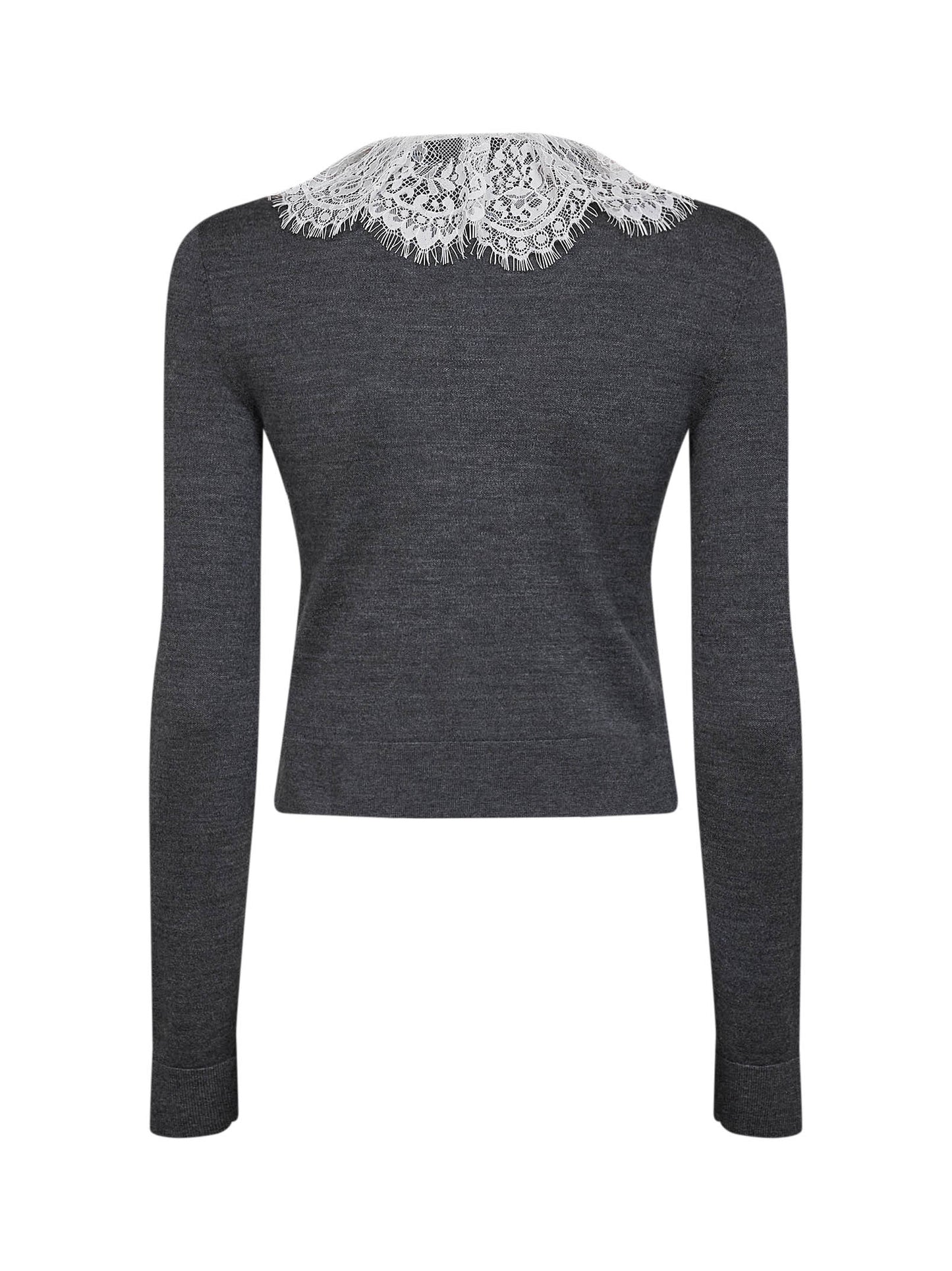 Cardigan in maglia di lana grigia colletto in pizzo<BR/>