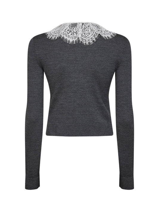 Grey wool knit cardigan with lace collar