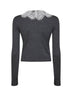 Cardigan in maglia di lana grigia colletto in pizzo<BR/>