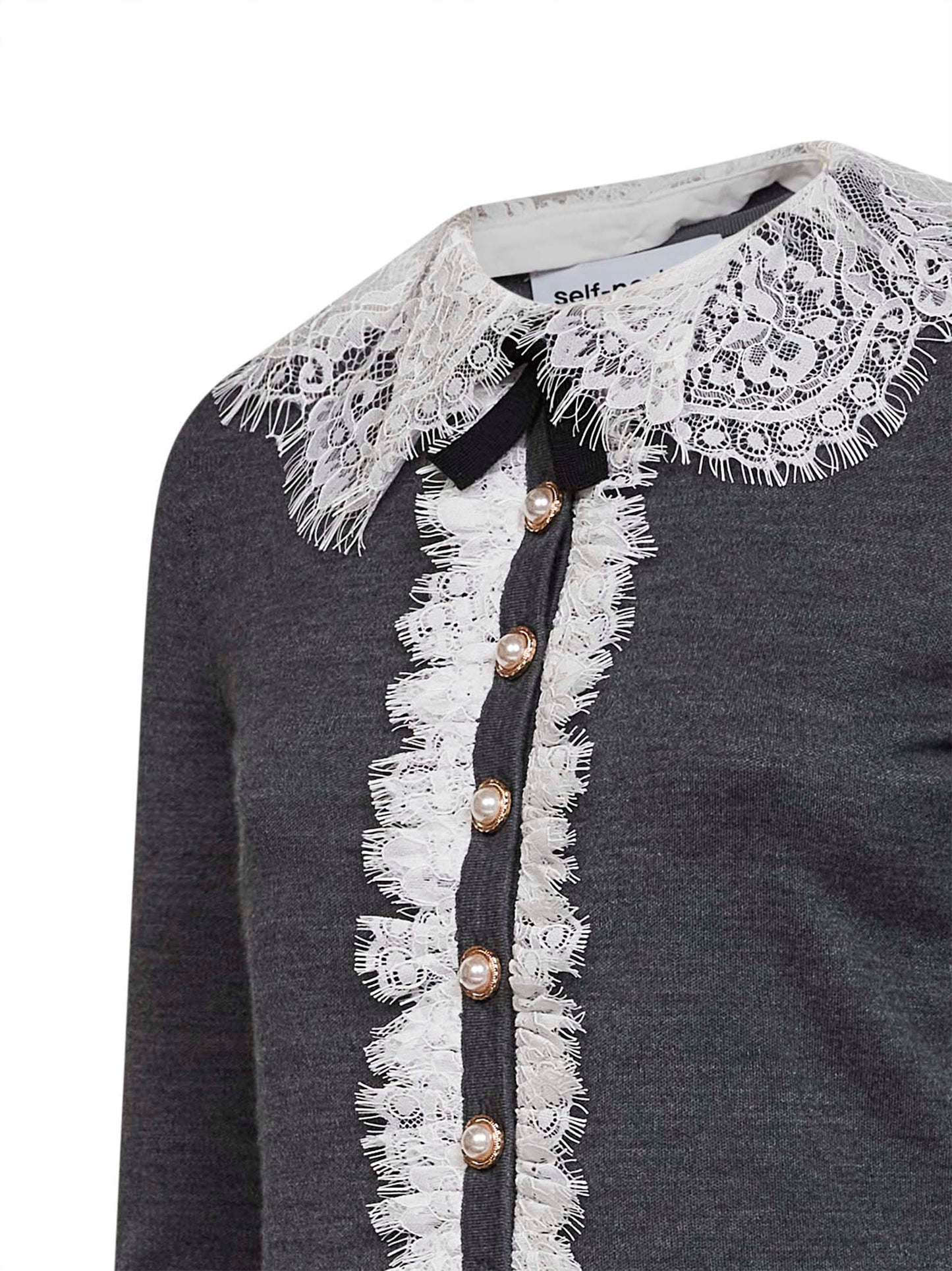Cardigan in maglia di lana grigia colletto in pizzo<BR/>