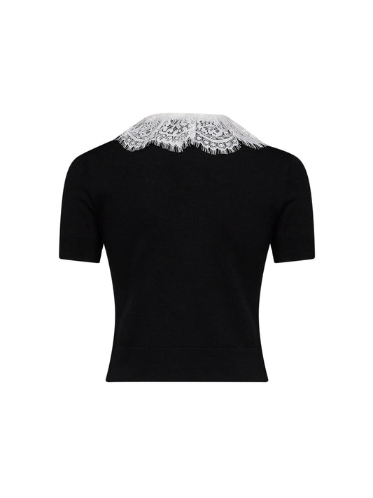 Black wool knit top with lace collar