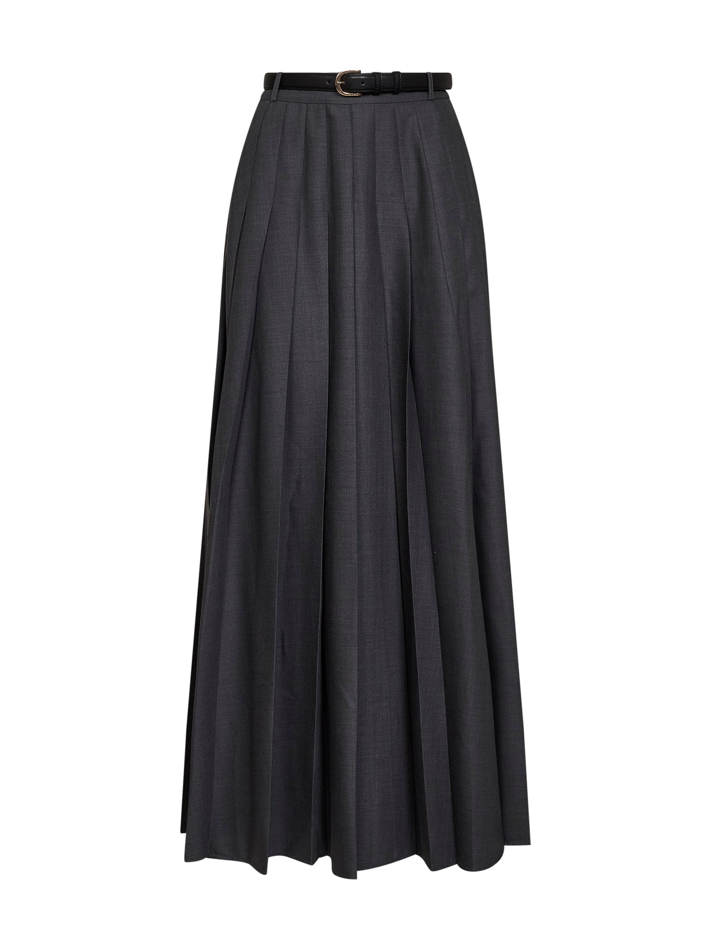 Maxi gonna a pieghe con cintura in misto lana grigia<BR/>