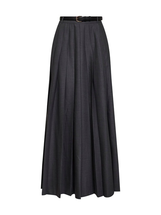 Grey wool blend belted pleated maxi skirt