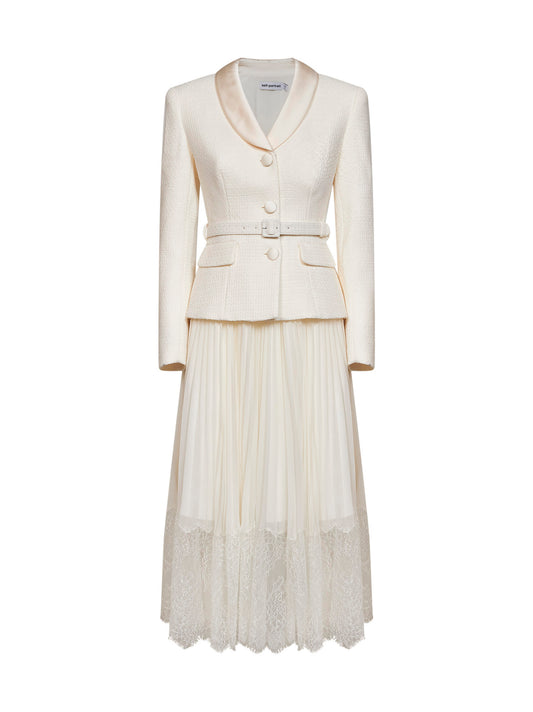 Cream georgette and bouclé belted midi dress