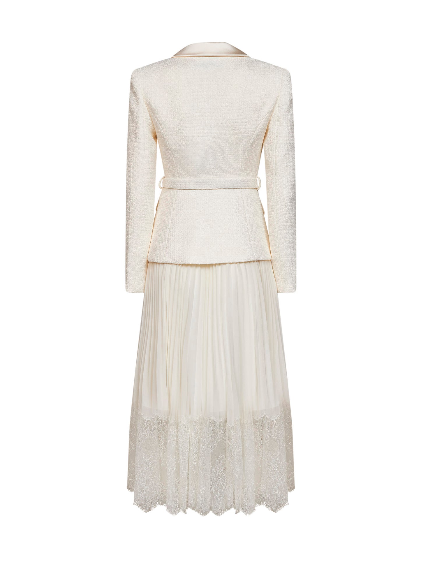 Abito midi con cintura in bouclé e georgette crema