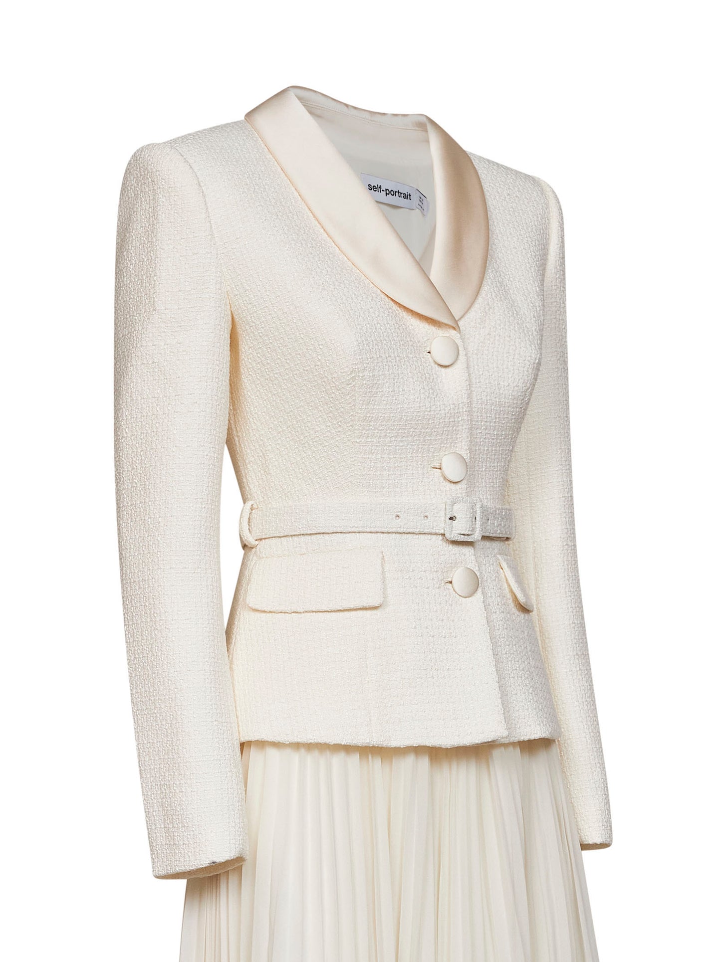 Abito midi con cintura in bouclé e georgette crema