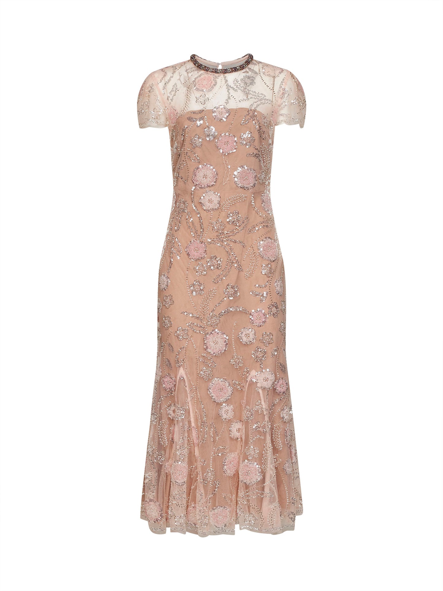 Abito midi in tulle con ricamo fiori in paillettes rosa