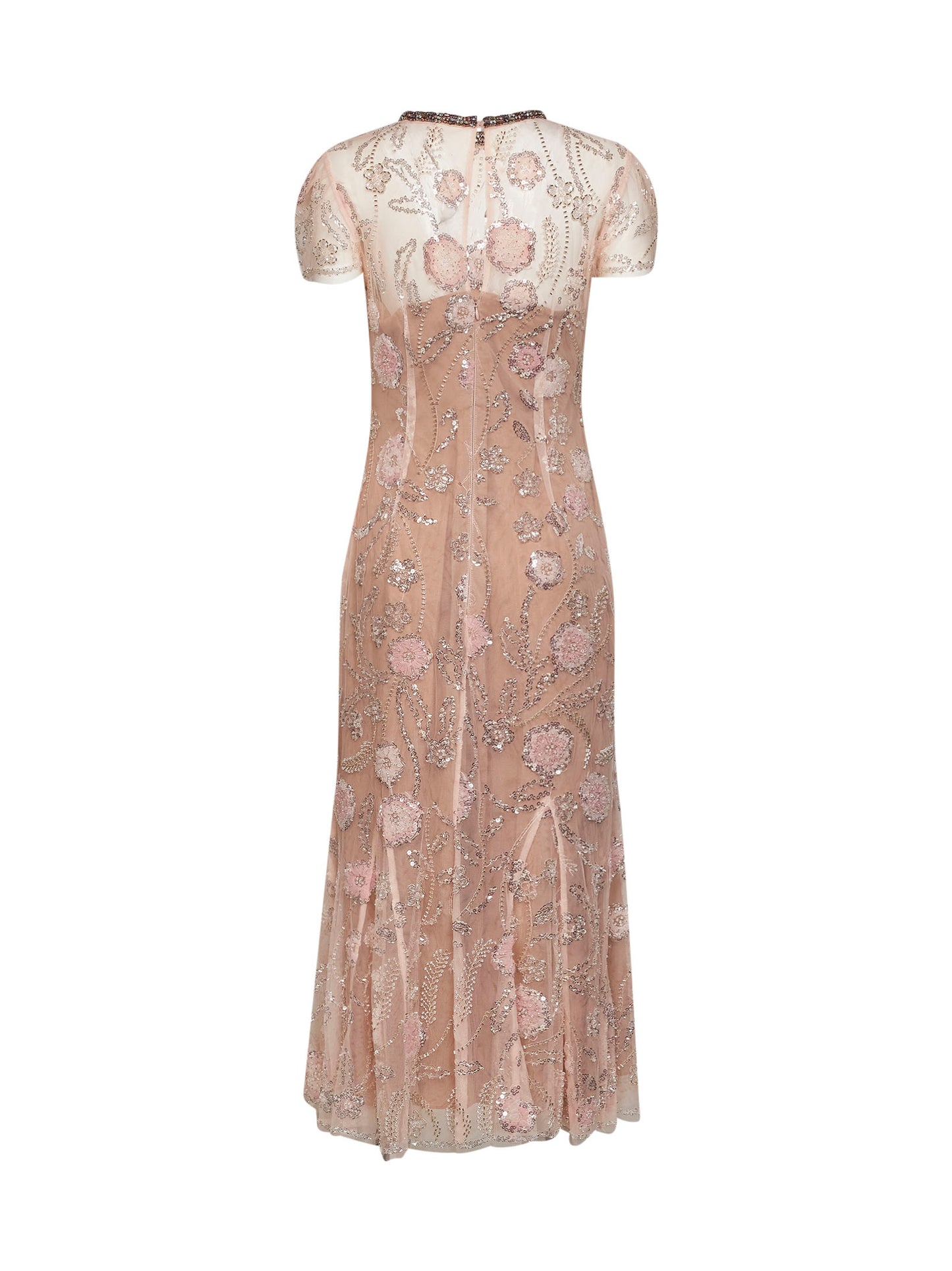 Abito midi in tulle con ricamo fiori in paillettes rosa