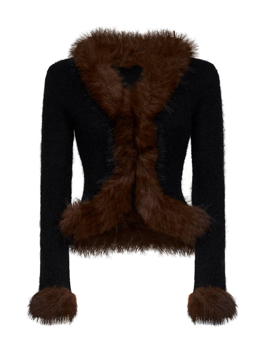 Black knit cardigan with faux-fur details