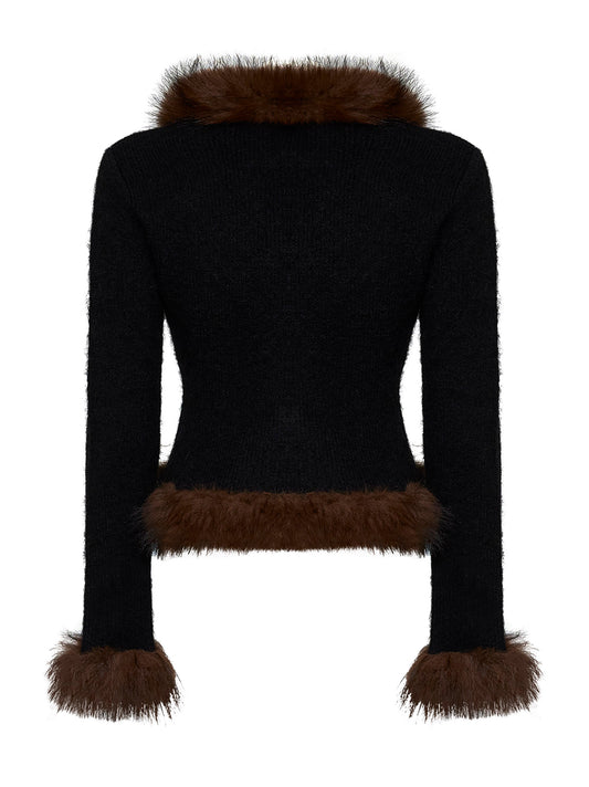 Black knit cardigan with faux-fur details