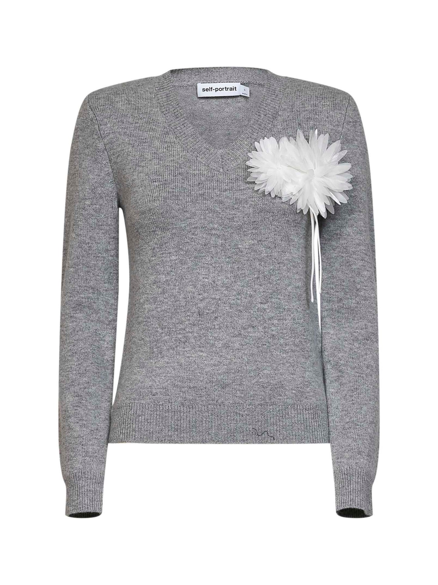 Grey wool and cashmere blend V-neck flower sweater