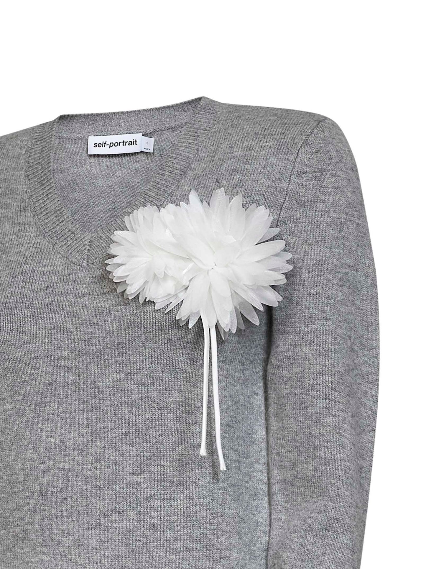 Grey wool and cashmere blend V-neck flower sweater
