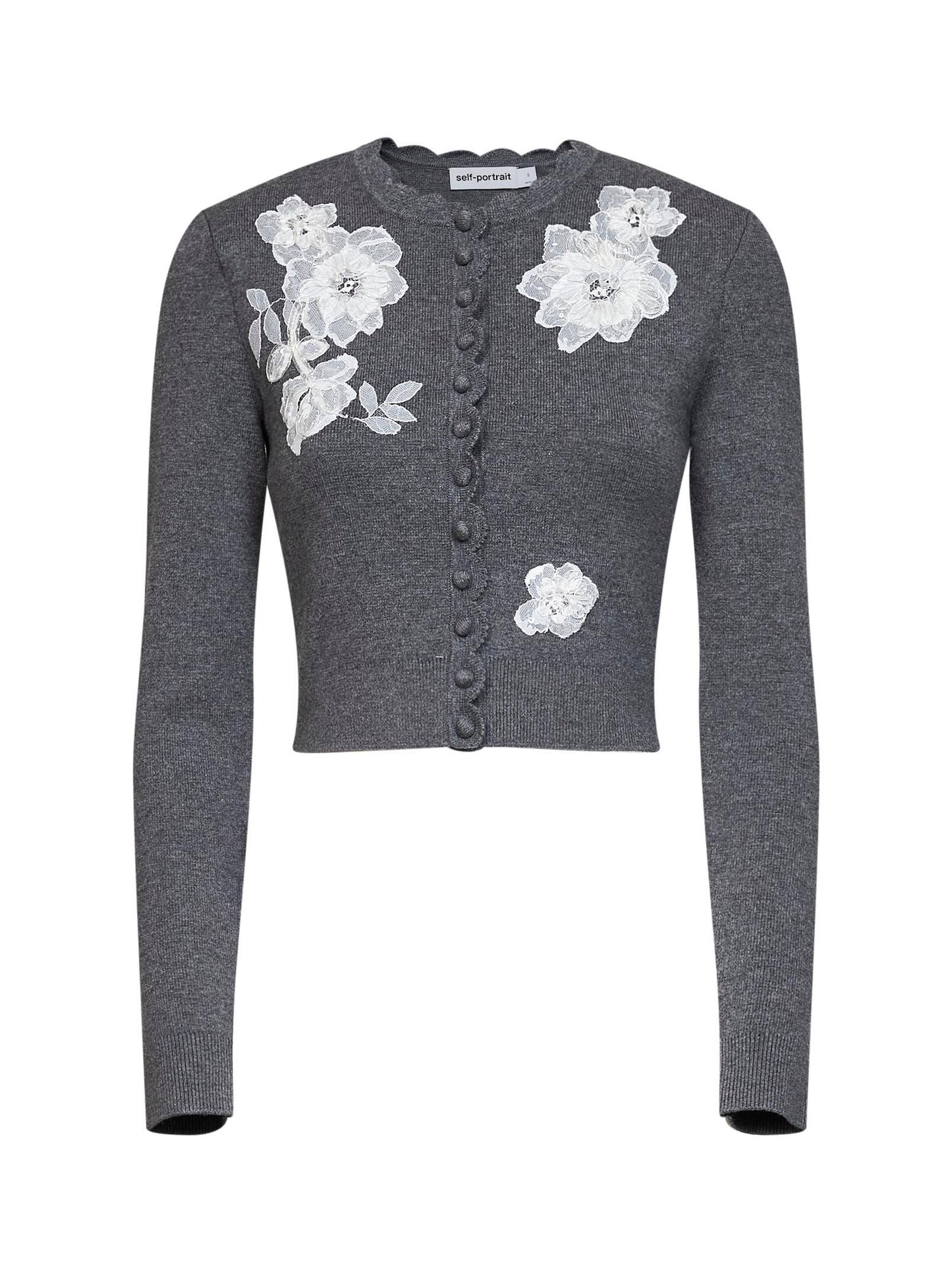 Grey knit cardigan with floral lace embroidery