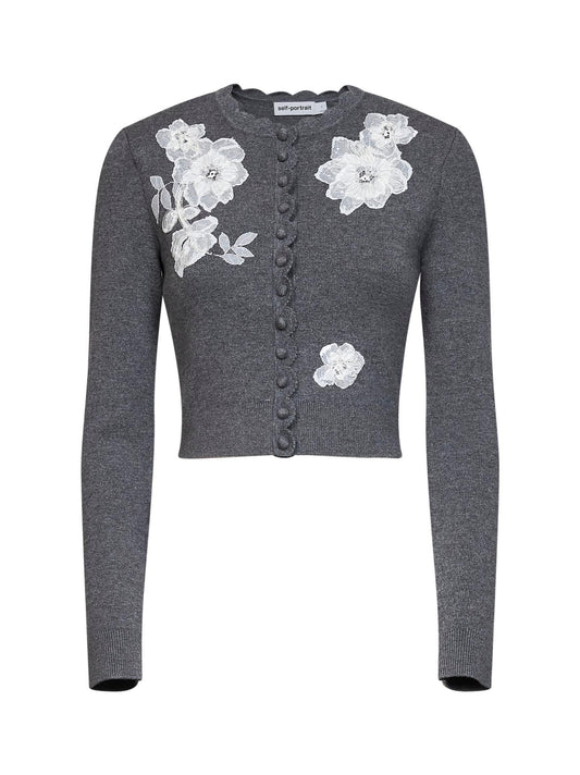 Grey knit cardigan with floral lace embroidery