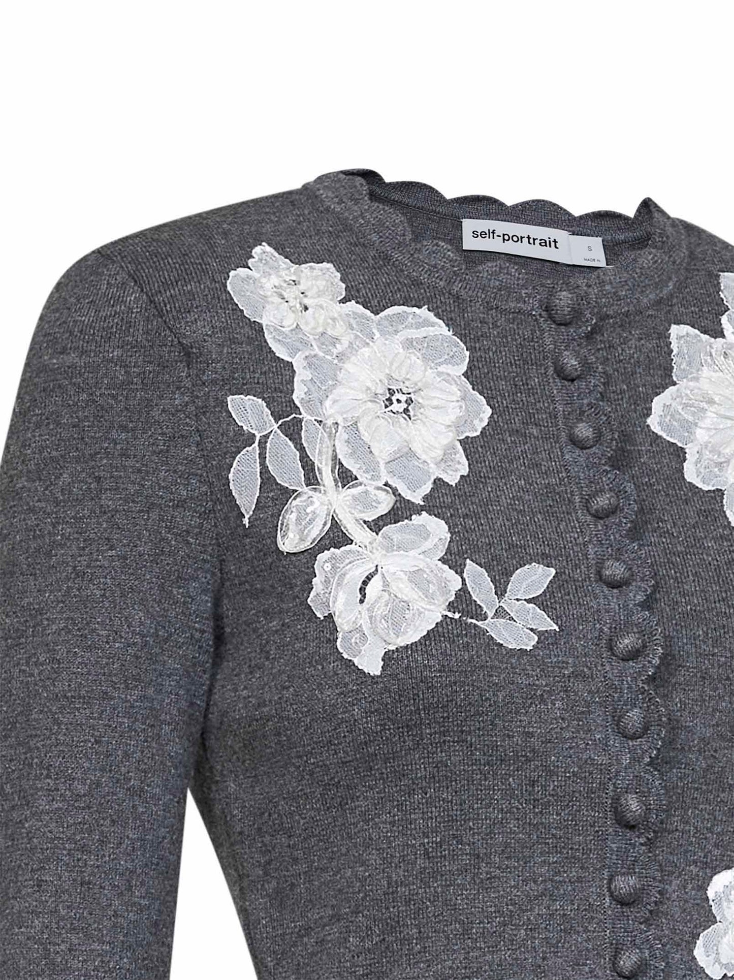 Grey knit cardigan with floral lace embroidery