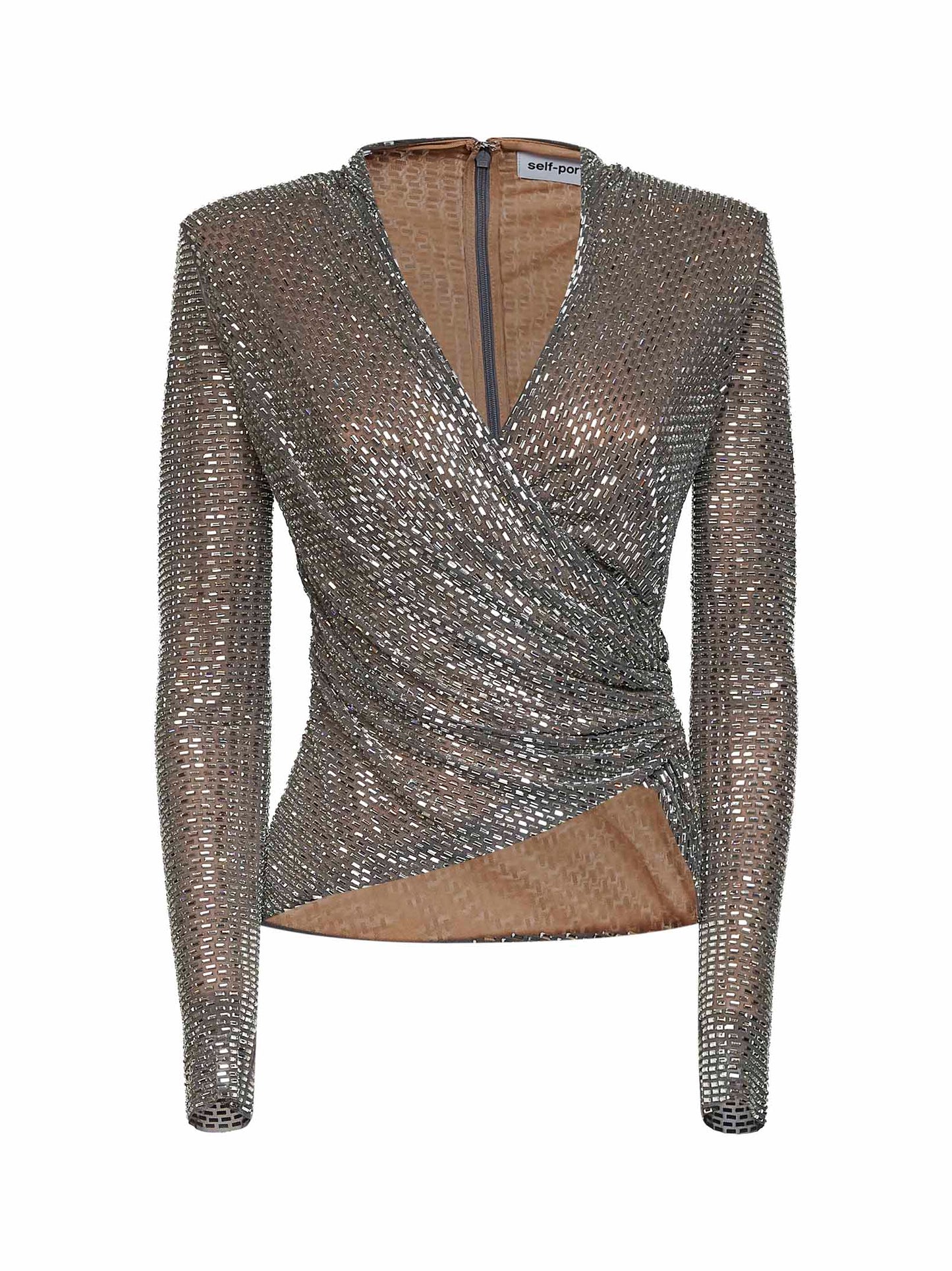 Grey rhinestone-embellished mesh wrap top