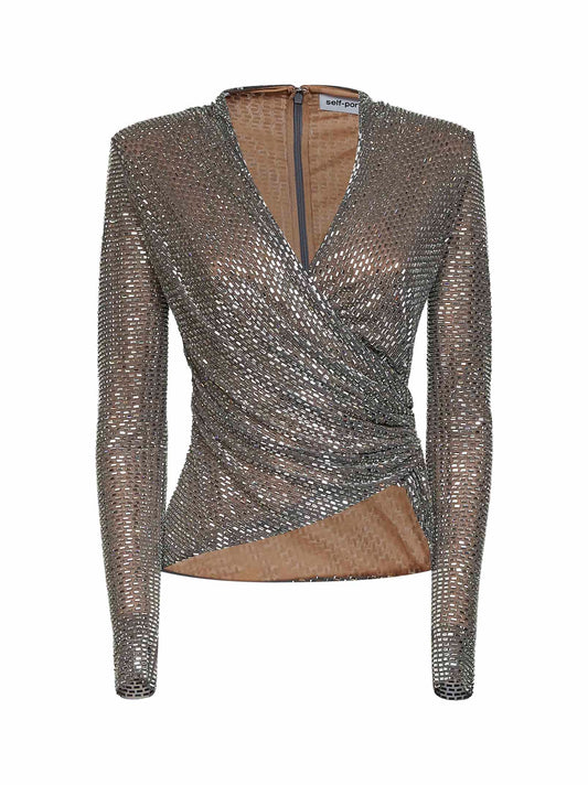 Grey rhinestone-embellished mesh wrap top