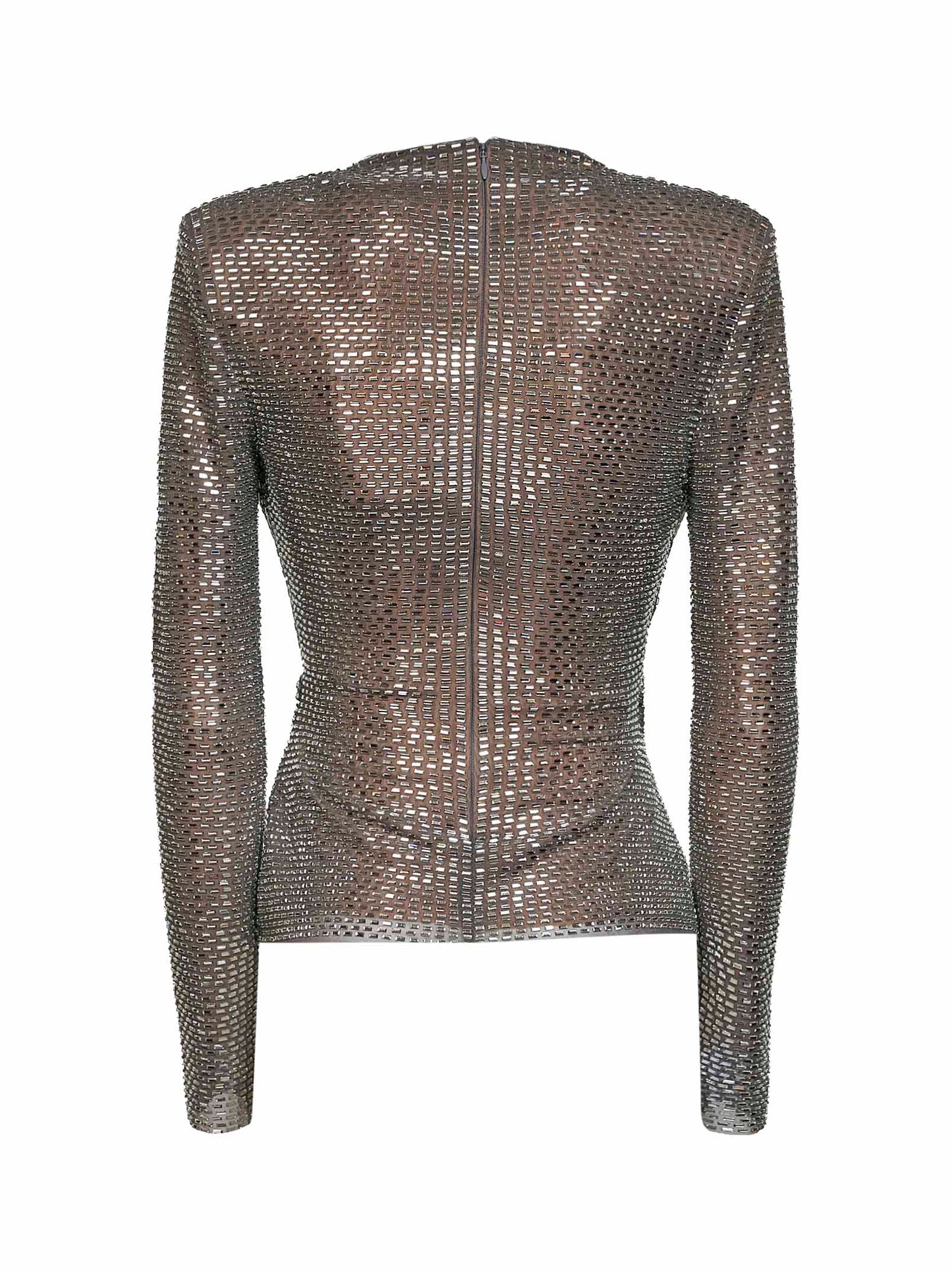 Grey rhinestone-embellished mesh wrap top