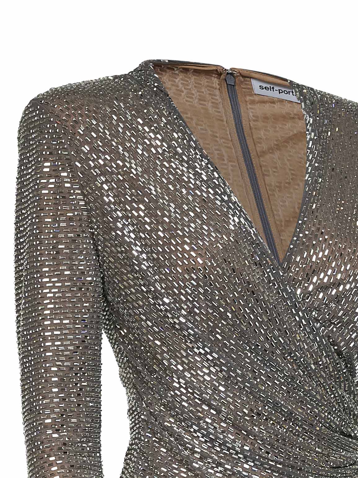 Grey rhinestone-embellished mesh wrap top