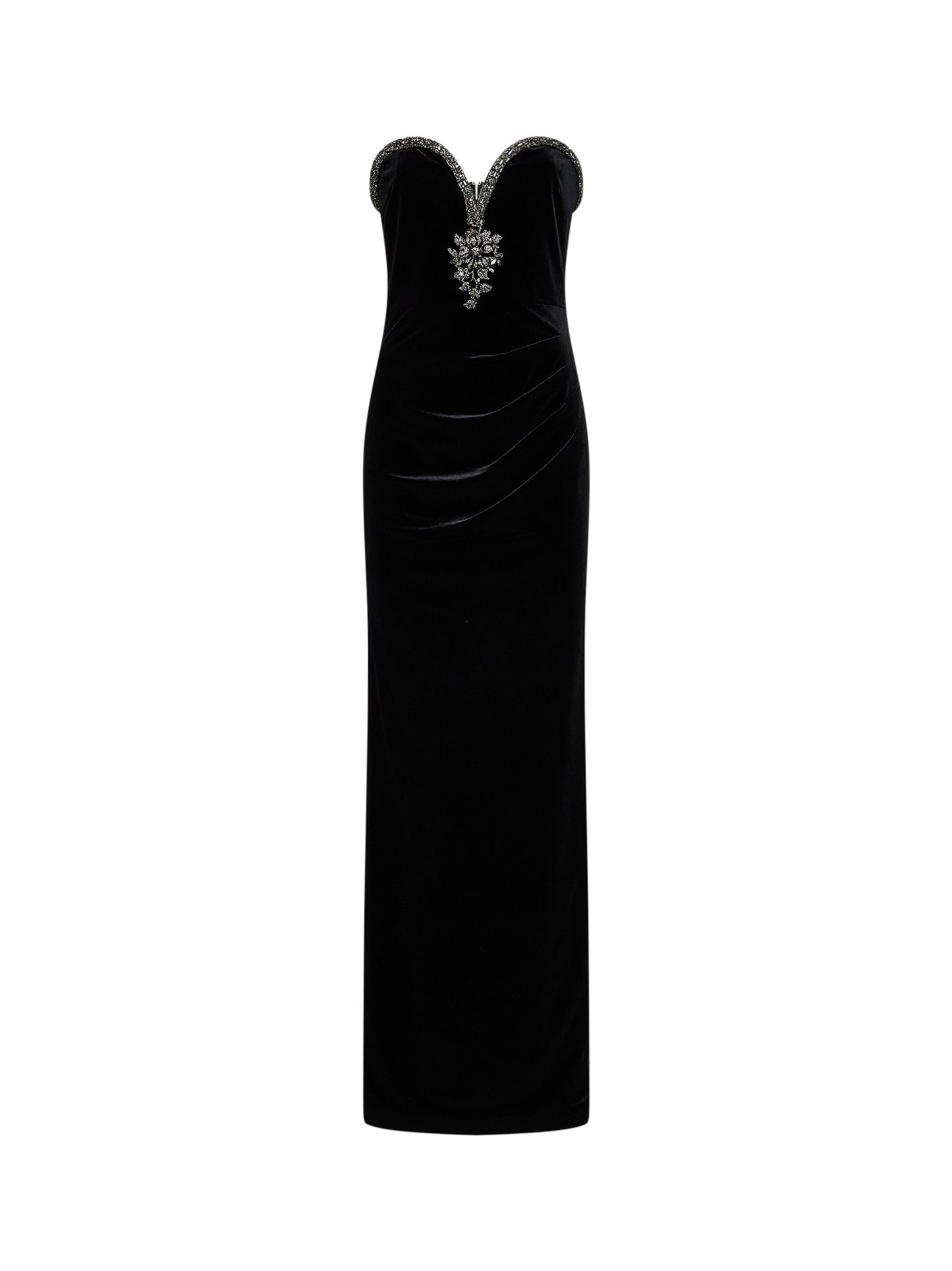 Black crystal-embellished velvet long bustier dress