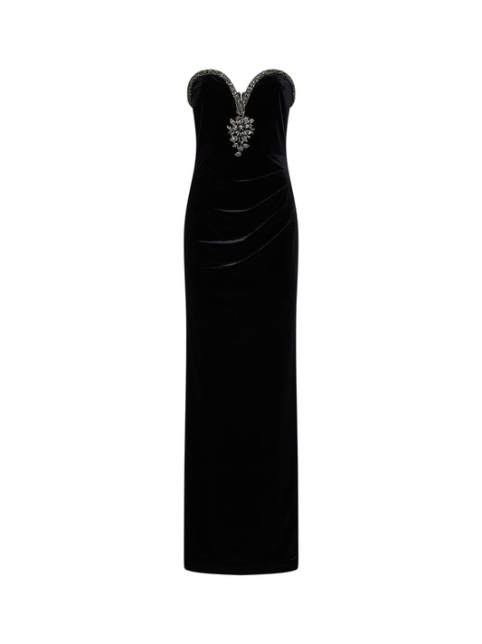 Black crystal-embellished velvet long bustier dress